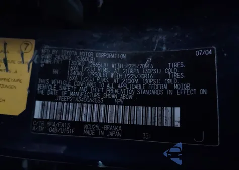 2004 Toyota Highlander V6 z USA, uszkodzony, nr VIN JTEEP21A340064863